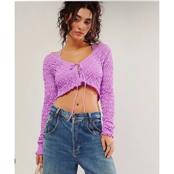 Free People Scrunchy Shrug Purple Long Sleeve Cropped Tie Front Cardigan Size XS - Picture 13 of 14
